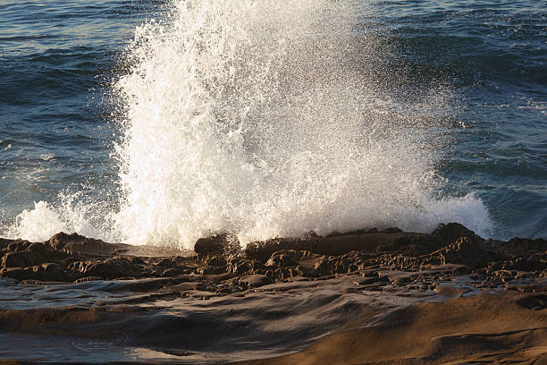 onda di crash al rock, oceano, spiaggia, mare, spray - flowing nature spray rock foto e immagini stock