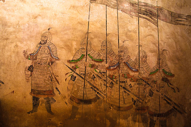 Tang Dynasty fresco "Tang Dynasty fresco in ZhangLe princess Mausoleum.long exposure in the princess mausoleum.Thank you download this image,plese click the lightbox to see more similar portfolio:" medieval fresco stock pictures, royalty-free photos & images