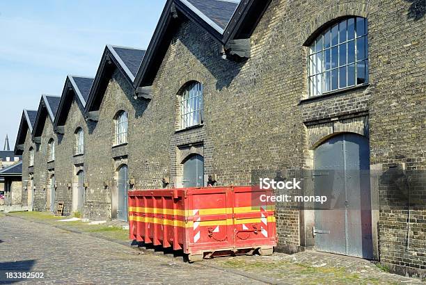 Old Factory Building And Red Container Stock Photo - Download Image Now - Abandoned, Absence, Brick