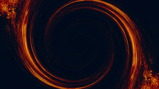 Sparks swirl. Hot frame. Flame swirl. Orange red color glowing vortex circle on dark black abstract art illustration empty space background.
