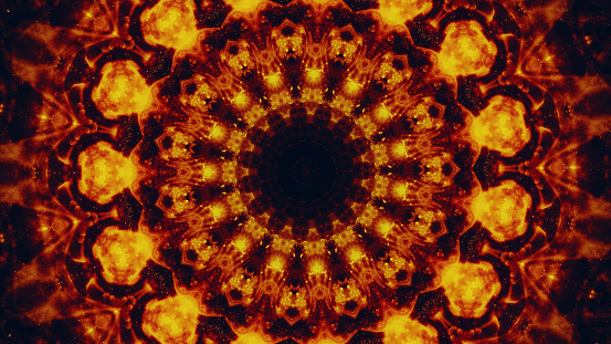 Fire mandala. Kaleidoscope design. Orange golden red color sparkling symmetrical round shape geometric pattern on black abstract art illustration background.