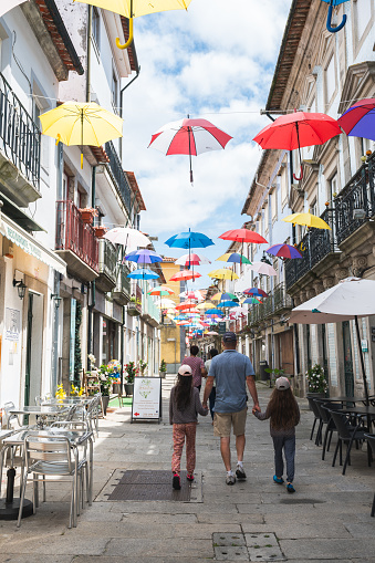 Viana do Castelo, Portugal - June 29 2023: People walking in town centre Viana do Castelo, near Republic Square, selective focus