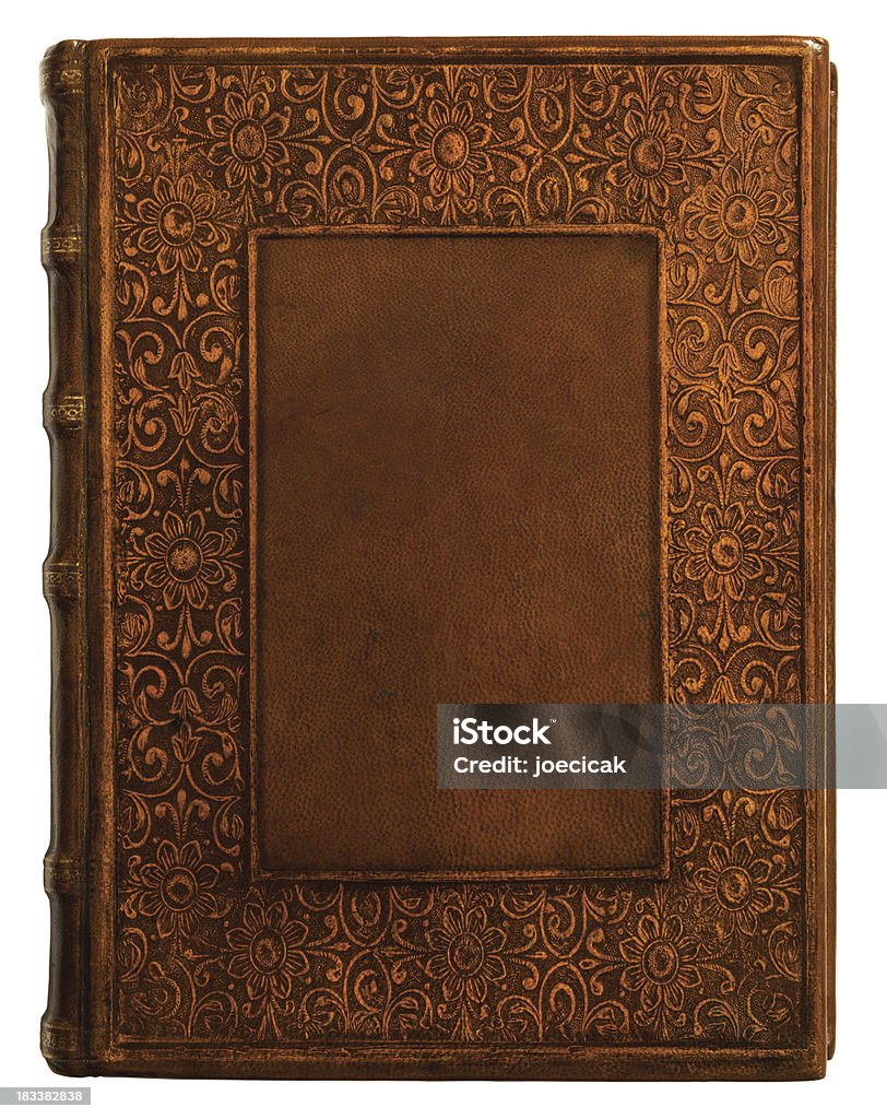 Antique Leather Book Cover Centuries old leather book with intricate border. Book Cover Stock Photo
