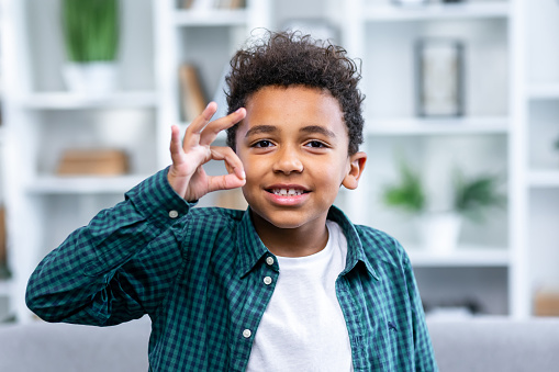 Little boy showing OK gesture in sign language
