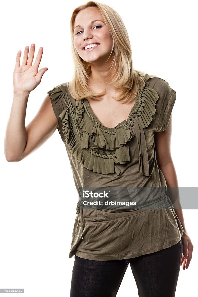 Sorrindo Jovem mulher acenando olá e tchau - Foto de stock de 20 Anos royalty-free