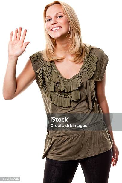 Foto de Sorrindo Jovem Mulher Acenando Olá E Tchau e mais fotos de stock de 20 Anos - 20 Anos, 20-24 Anos, Acenar