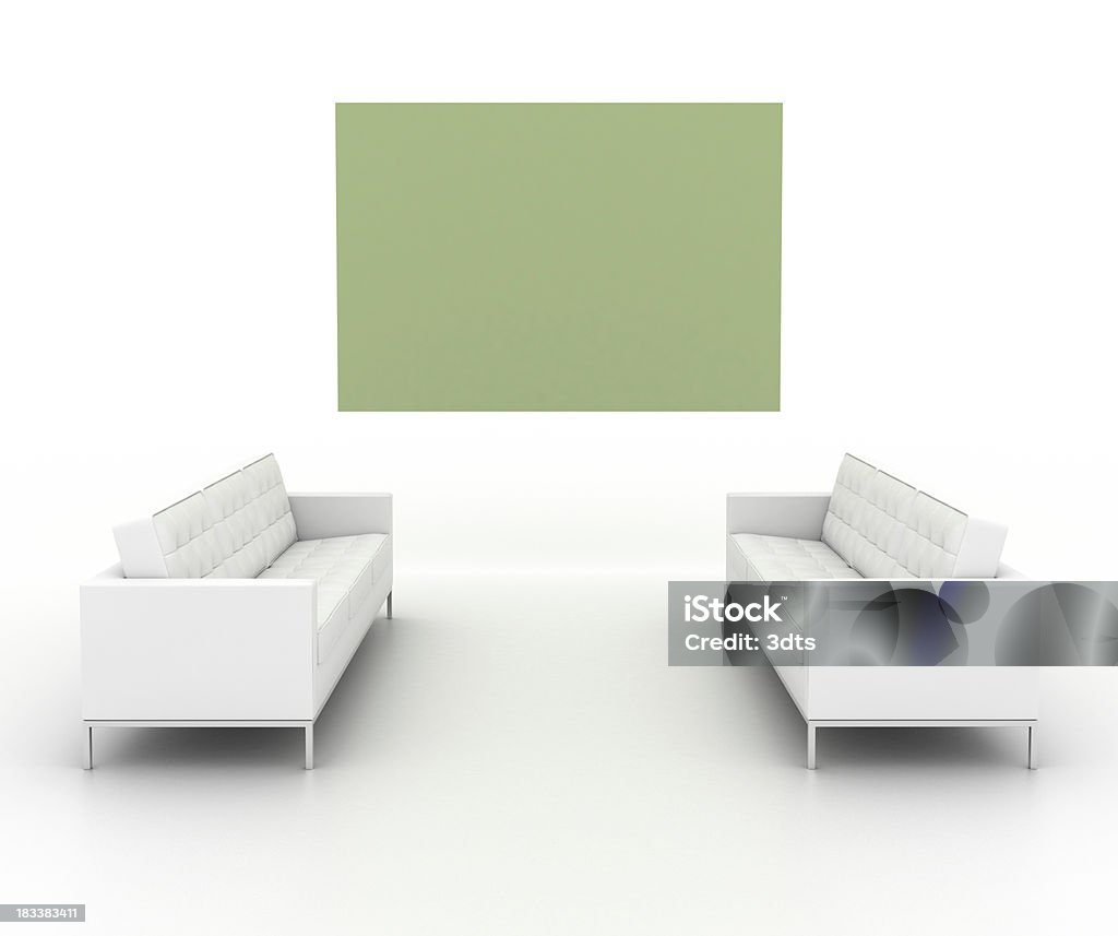 Your personal art gallery (front view, isolated on white) An isolated living room with a central green frame waiting to be filled; everything can be easily added (with psd) in the area of the frameXXXL (isolated on white)::: Sofa Stock Photo