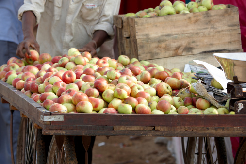 Indian street vendor pushing handcart of fresh apples
