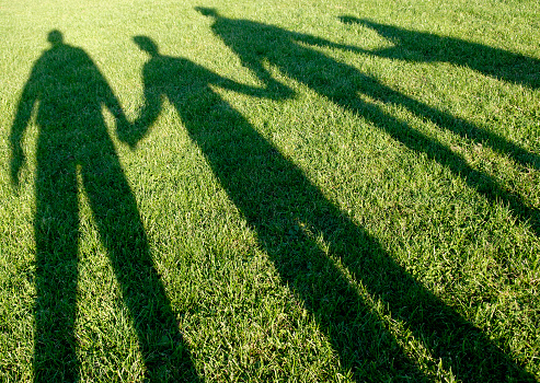 Shadow on lawn of a father, a child, a mother and a smaller child. They are all holding hands. Bonding.