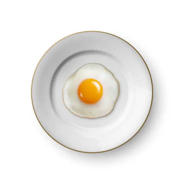 Vector illustration of Realistic Vector 3d Fried Egg on a Dish Plate Closeup Isolated in Top View. Design Template of Scrambled Eggs, Fried Egg or Omelette, Breakfast Concept