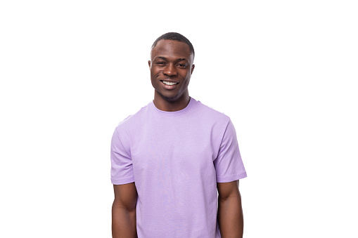 young 30 year old american man dressed in cotton t-shirt with textile print mockup.