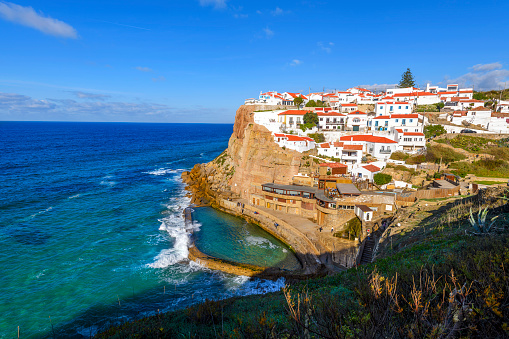 Cliffside view of the scenic seaside town of Azenhas do Mar, Portugal, along the Atlantic coast of the Colares district and in the general Sintra, Lisbon region.