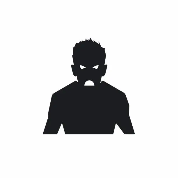 Vector illustration of Man Facial Expressions with Agitated mood, simple flat black and white icon Silhouette, Emotional Portrait Logo Icon.