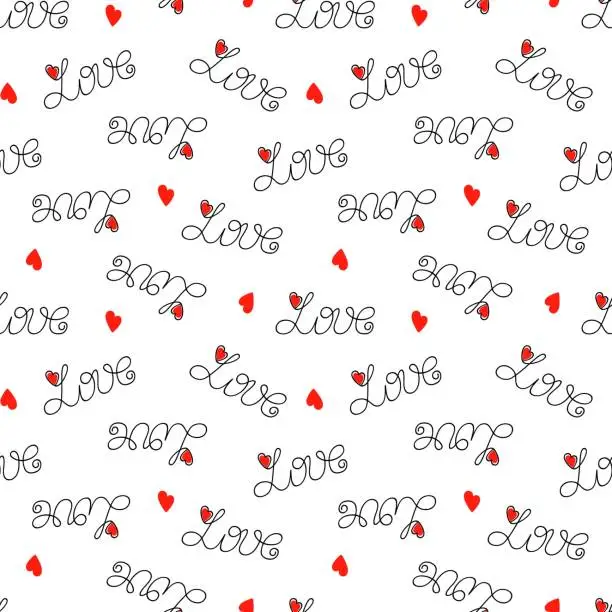 Vector illustration of Word Love and heart seamless pattern simple calligraphy vector illustration, repeat ornament symbol of love, St Valentines day celebration, decor for love holiday for making cards, textile, gift paper