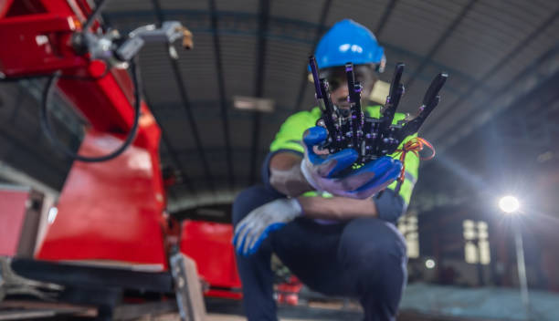 Big robotic arm has grapped a man in a business suit and gets ready to dispose of him and throw him into a big landfill full of garbage. Concept of AI and robots taking over making human obsolete.