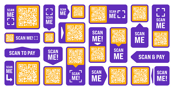 Scan me QR code sticker. Online payment. Special offer sale stickers, shopping discount label or promotional badge. Serial number, product ID. Supermarket retail label, price tag. Vector illustration.