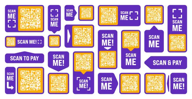 Vector illustration of Scan me QR code sticker. Online payment. Special offer sale stickers, shopping discount label or promotional badge. Serial number, product ID. Supermarket retail label, price tag. Vector illustration