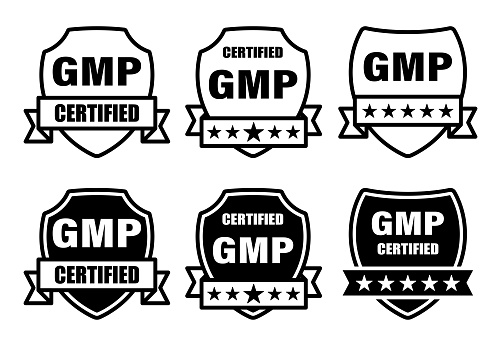 GMP set of round badges. Certified industrial stickers for products with Good Manufacturing Practice tag.