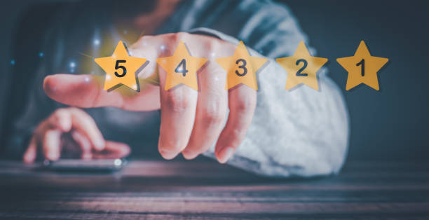 istock Stored customer experience Male hand showing excellent five-star rating on copy space background. 1833949112