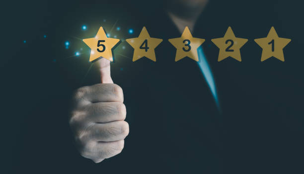 istock Stored customer experience Male hand showing excellent five-star rating on copy space background. 1833949114