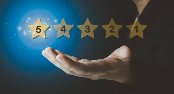 istock Stored customer experience Male hand showing excellent five-star rating on copy space background. 1833949180