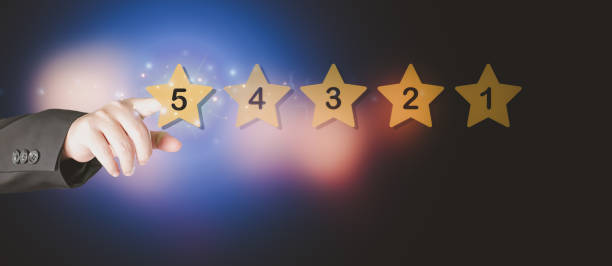 istock Stored customer experience Male hand showing excellent five-star rating on copy space background. 1833949191
