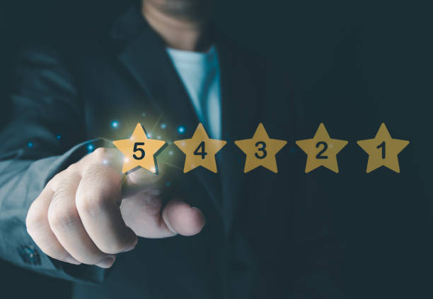 istock Stored customer experience Male hand showing excellent five-star rating on copy space background. 1833949637