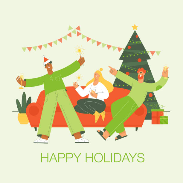 Group of happy young people celebrating Christmas at home. Group of happy young people celebrating Christmas at home. Winter holidays party celebration. Flat minimalist style design with text. christmas family party stock illustrations