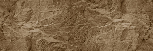 istock Light pale brown dark beige stone texture background. Rough rock mountain surface. Close-up. Cracks. Wide banner.Panoramic. 1833964398