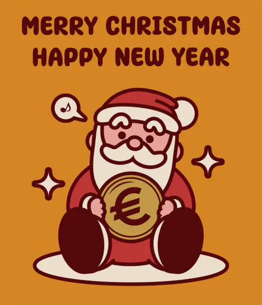 Vector illustration of Adorable Santa Claus sitting on the ground carrying money wishes you a Merry Christmas and a Happy New Year