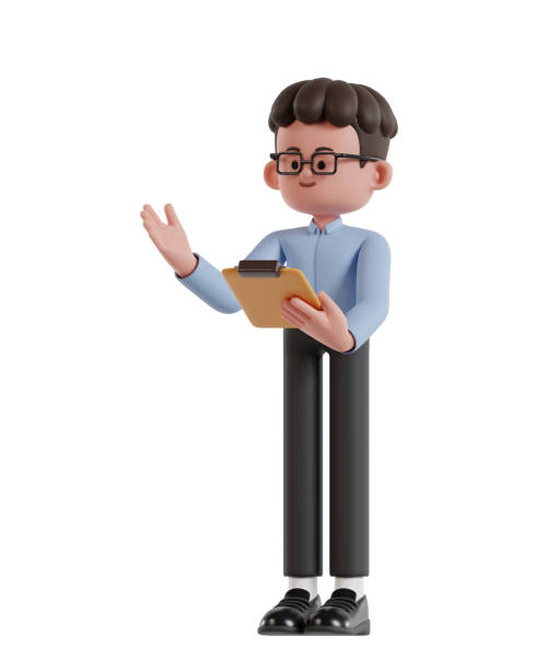 istock curly haired businessman wearing glasses presenting while holding clipboard 1833978117
