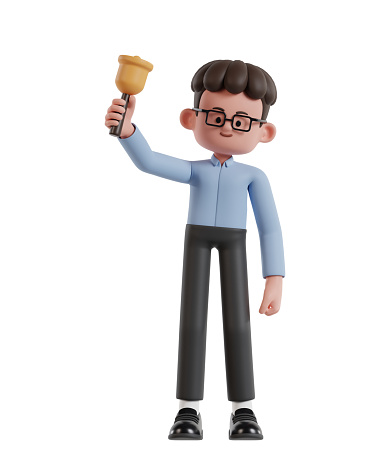 3d Illustration of Cartoon curly haired businessman wearing glasses holding bell to remind