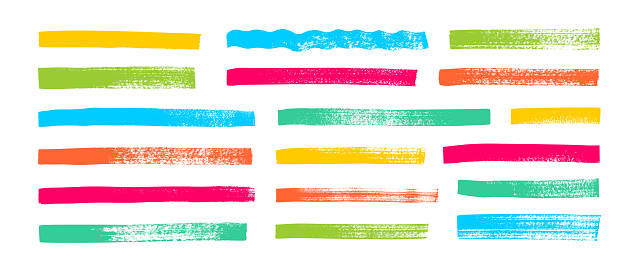 Colored highlighter bold horizontal lines set. Brush drawn vector stripes with dry brush texture. Colored marker highlight underline strokes. Scribble charcoal thick long isolated lines.