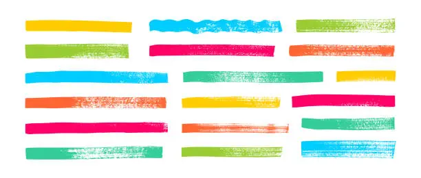 Vector illustration of Colored highlighter bold horizontal lines set. Brush drawn vector stripes with dry brush texture.