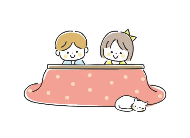 Vector illustration of Illustration of a child in a kotatsu.