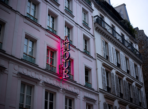 Paris, France: The pink neon sign at the Amour Hotel in the 9th arrondissement.