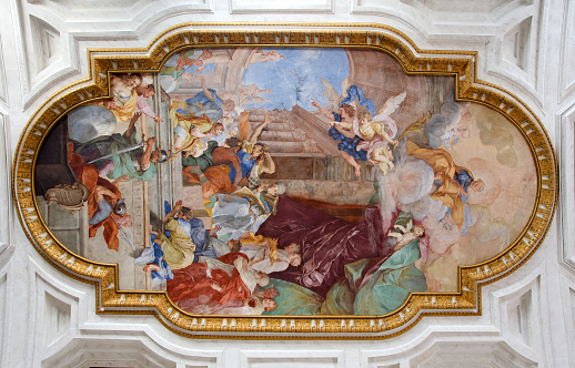 Washington, DC - September 20, 2023: The Apotheosis of Washington is the fresco painted by Greek-Italian artist Constantino Brumidi in 1865 and visible through the oculus of the dome in the rotunda of the United States Capitol Building in Washington, D.C.