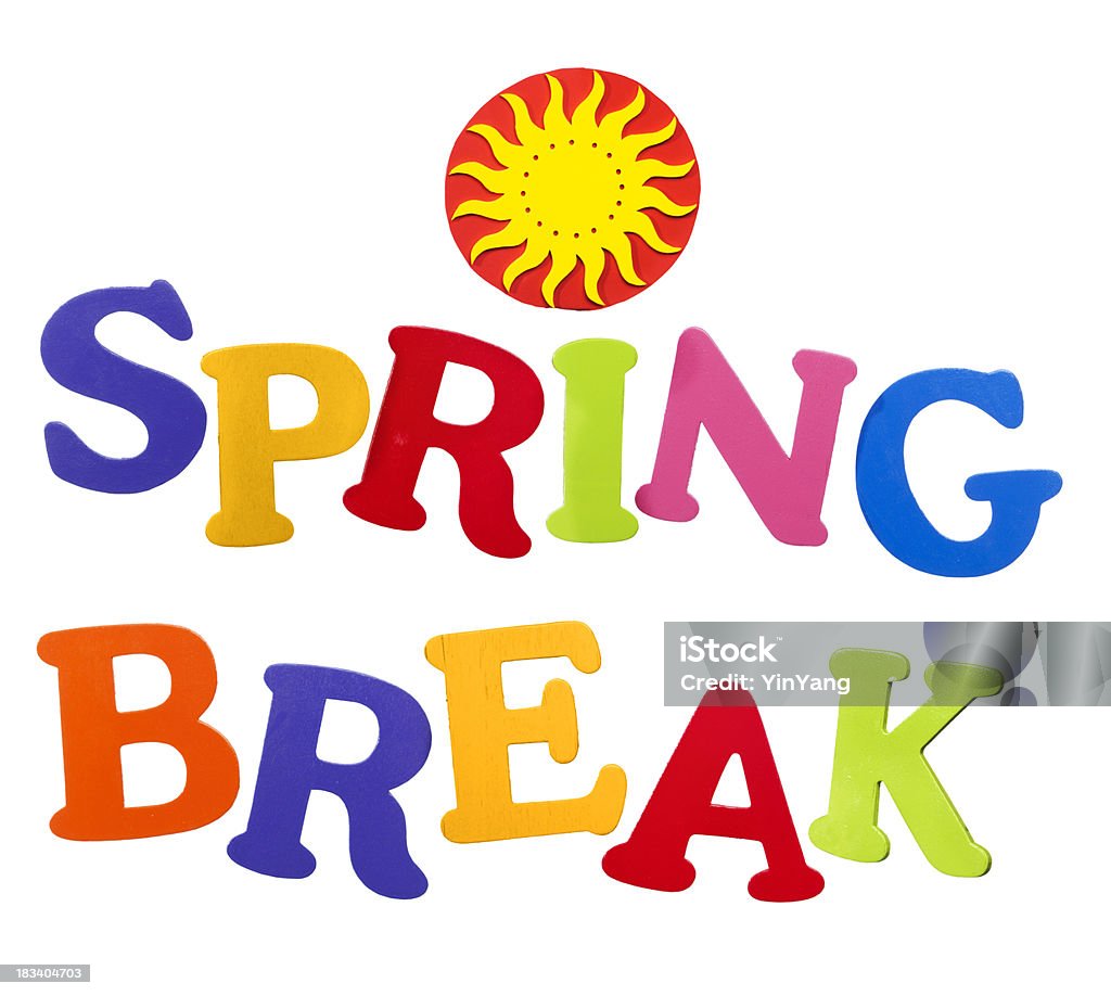 Sun Icon, Words SPRING BREAK in Tropical Colors on White Subject: Painted wooden letters that spell out the words “SPRING BREAK” in two lines, in bright, cheerful, tropical colors. A hand made painted sunburst icon is placed to dot the letter “I.” Isolated on white. Craft Stock Photo