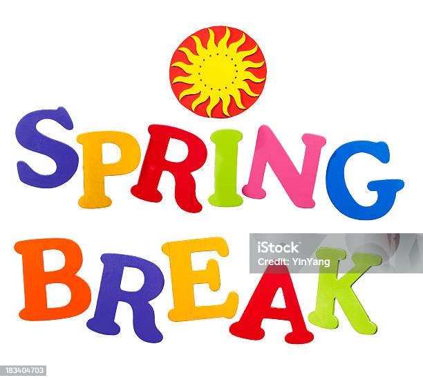 Sun Icon Words Spring Break In Tropical Colors On White Stock Photo - Download Image Now