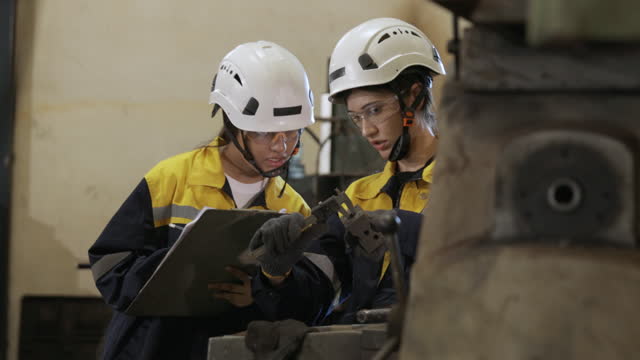 Two female engineer using verniers calliper measuring workpiece in factory