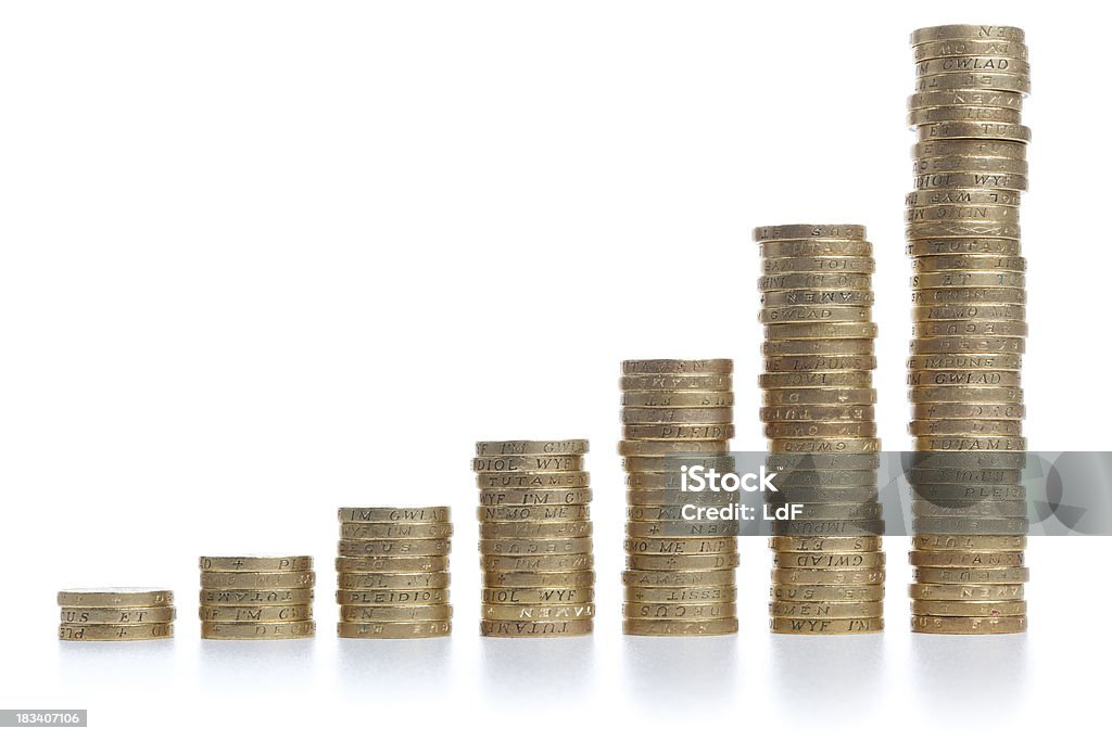 British Pound Chart with stacks of coins Growing chart made with one pound coins. Banking Stock Photo