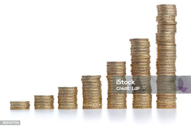 British Pound Chart With Stacks Of Coins Stock Photo - Download Image Now - Banking, Bar Graph, British Currency