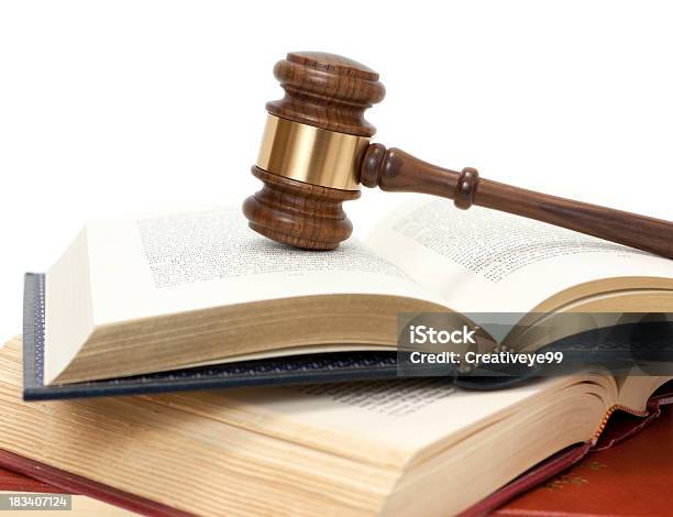 Gavel On Open Books Stock Photo - Download Image Now - Law, Book, Gavel