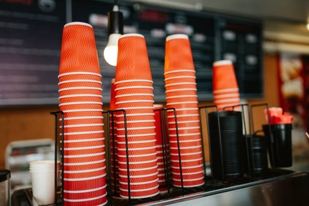 Red paper cups stacked in the cafeteria