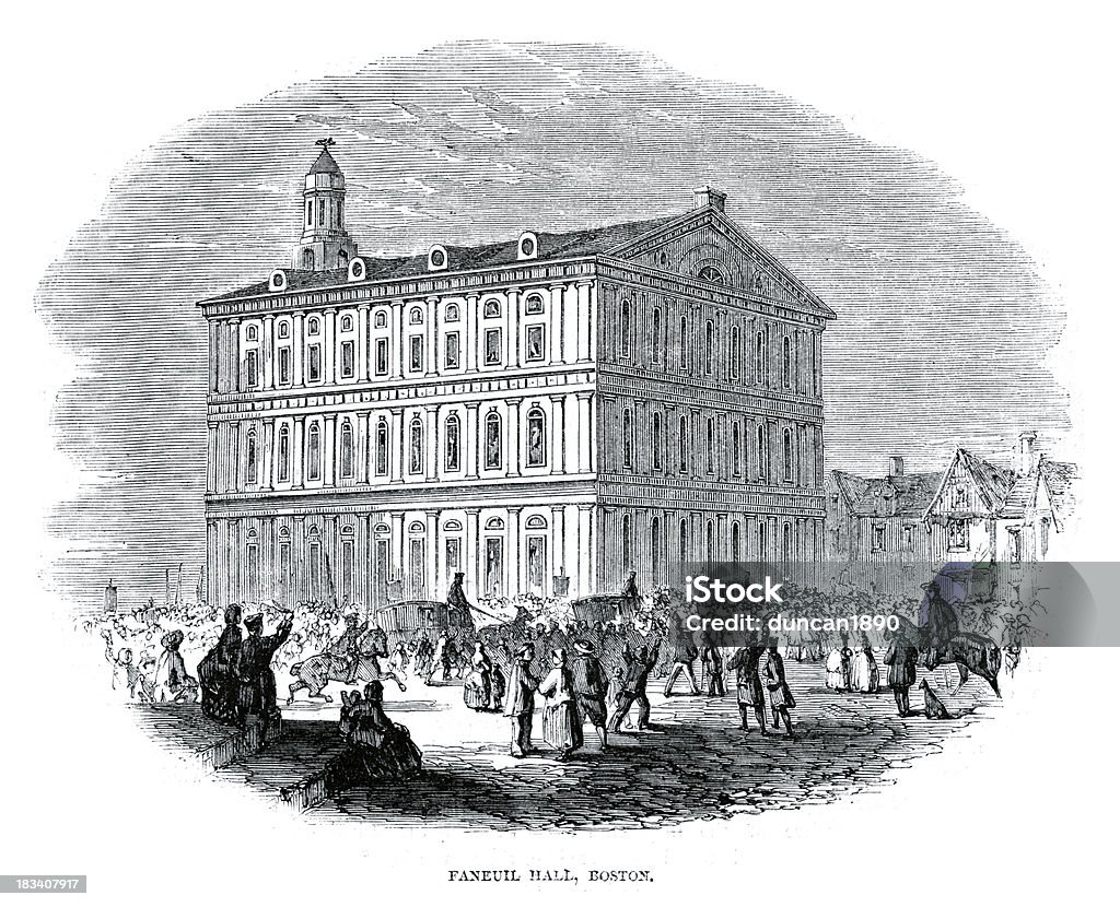 Faneuil Hall, Boston "Vintage engraving from 1861 showing Faneuil Hall, Boston. A marketplace and a meeting hall since 1742. It was the site of several speeches by Samuel Adams, James Otis, and others encouraging independence from Great Britain" Boston - Massachusetts stock illustration