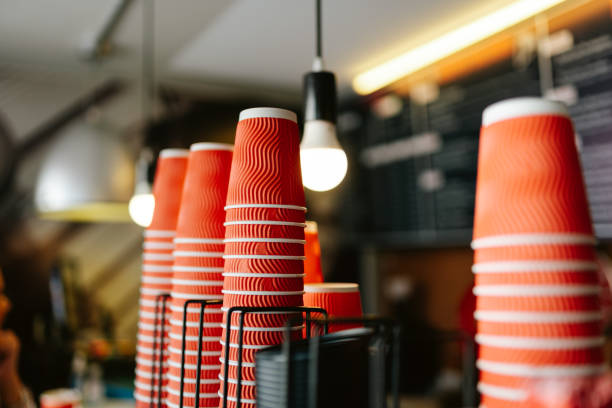 istock Red paper cups stacked in the cafeteria 1834079281