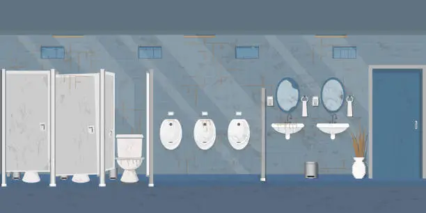 Vector illustration of The interior of old dirty Public toilet urinals in men toilets.