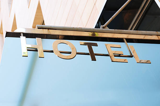 istock Hotel sign over building entrance 183408339