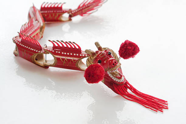 Red Chinese dragon toy. White background. Shiny red surface with red pompoms coming out of his nose. Fringe beard. Copy space in corners. Focus on eyes.