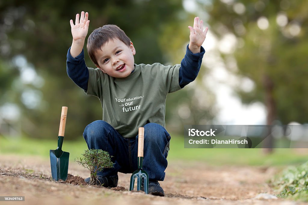plant a tree little three years old boy beeing happy about his own planted tree, 2-3 Years Stock Photo